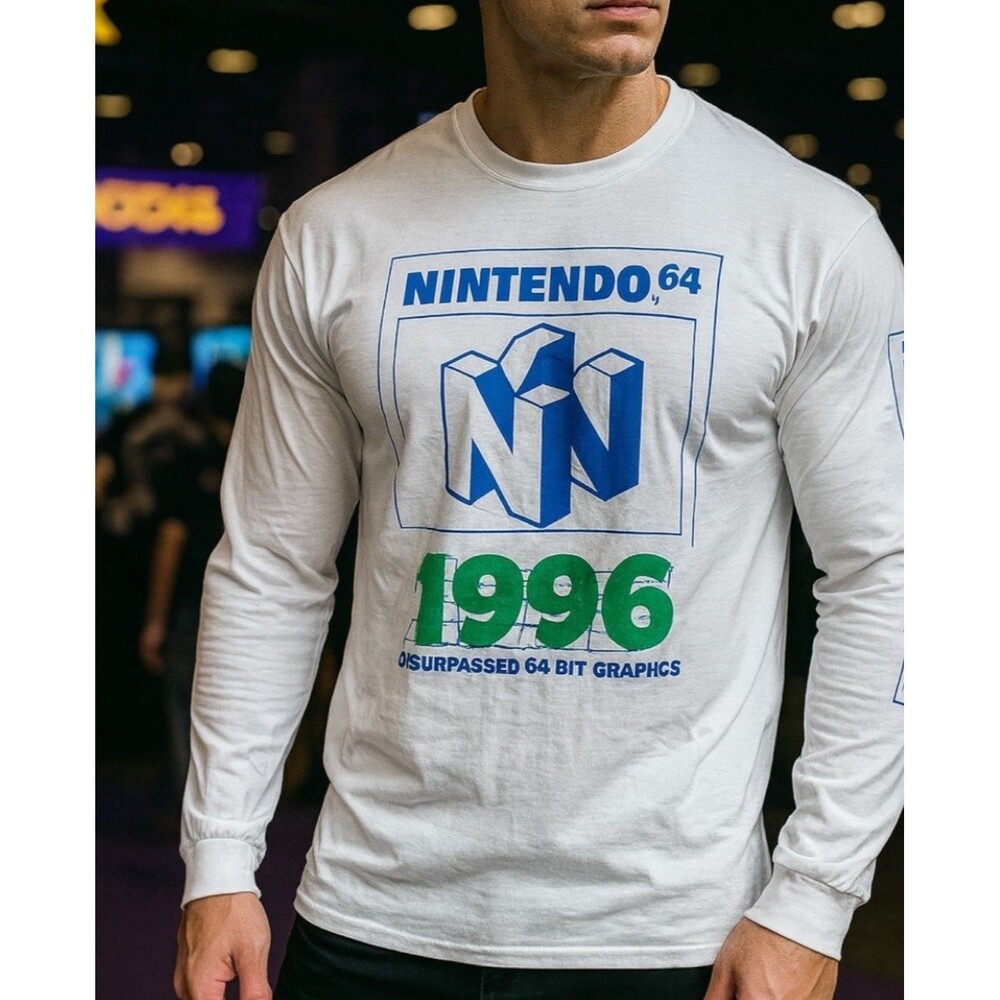 Nintendo 64 Mens L Long Sleeve Shirt White Cotton Graphic Retro‎ Gamer 1996